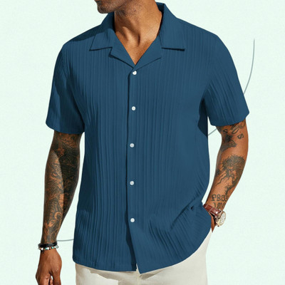 A Vebnor Men Self Design, Striped Casual Blue Shirt