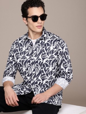 French Connection Men Printed Casual White, Blue Shirt