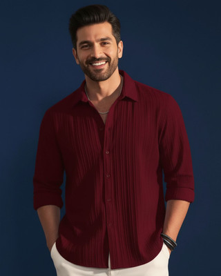 Voroxy Men Self Design Casual Maroon Shirt