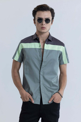 Snitch Men Color Block Casual Light Green, Black, Grey Shirt