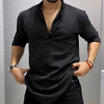 granthy Men Self Design Straight Kurta(Black)