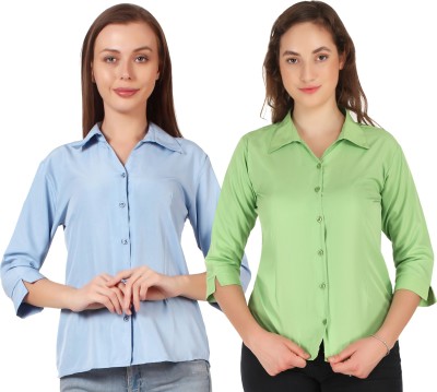 Hunoor Women Self Design Formal Light Blue, Light Green Shirt(Pack of 2)