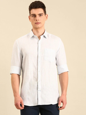 Linen Club Men Striped Casual White Shirt
