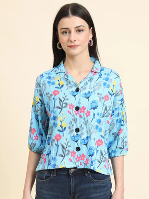 EKASYA Women Graphic Print Casual Light Blue Shirt