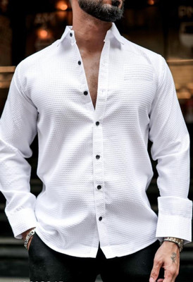 AK FAISHAN Men Self Design Casual White Shirt