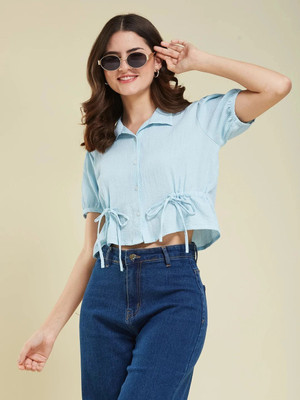 J TURRITOPSIS Women Solid Casual Blue Shirt