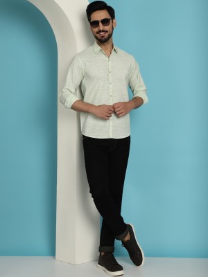 Indian Needle Men Striped Casual Green Shirt