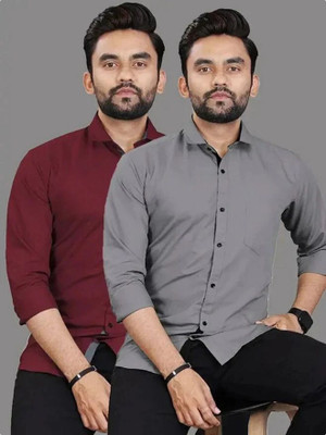jagrutifashion Men Solid Formal Maroon, Grey Shirt(Pack of 2)