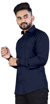 Stellalifestyle Men Solid Casual Dark Blue Shirt