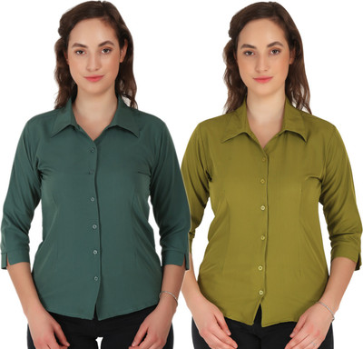 Hunoor Women Solid Casual Light Blue, Dark Green Shirt(Pack of 2)