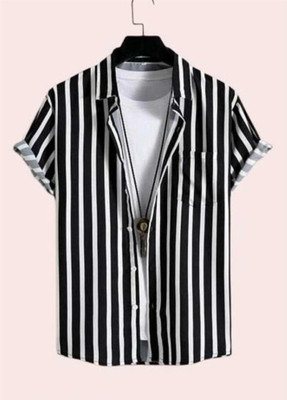 Bridon Creations Men Striped Casual White, Black Shirt
