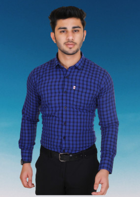 Marc Laurent Men Checkered Formal Blue Shirt