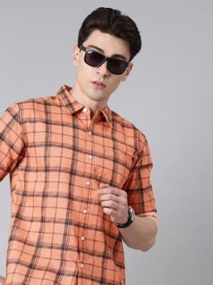 Broon Men Checkered Casual Orange, Black Shirt