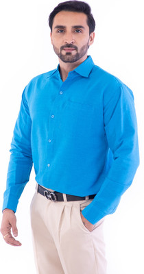 DESHBANDHU KHADI Men Solid Formal Blue Shirt