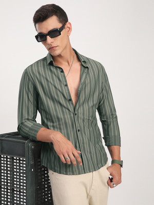 VASTRADO Men Striped Casual Green Shirt