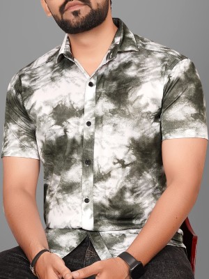 Voroxy Men Dyed/Ombre Casual Dark Green, White Shirt