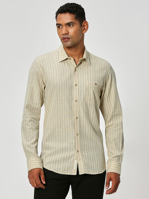 MUFTI Men Striped Casual Beige Shirt