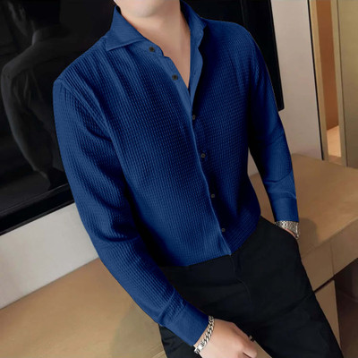 DEVU FASHION Men Solid Casual Dark Blue Shirt