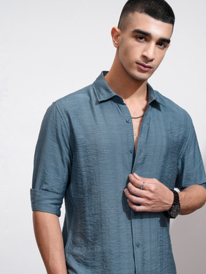 HIGHLANDER Men Self Design Casual Blue Shirt
