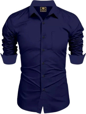 MUMIN Men Solid Casual Dark Blue Shirt