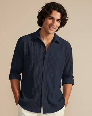 Voroxy Men Self Design Casual Dark Blue Shirt