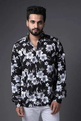 M5STUDIO Men Floral Print Casual Black, White Shirt