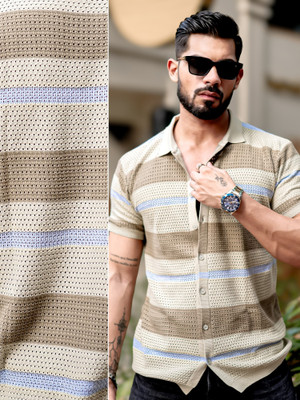 MANIAC Men Self Design Casual Beige Shirt