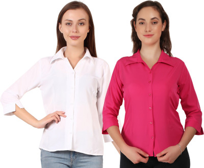 Hunoor Women Solid Casual Red, Orange Shirt(Pack of 2)
