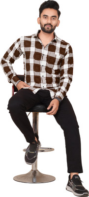 Om Creation Men Checkered Casual Brown Shirt