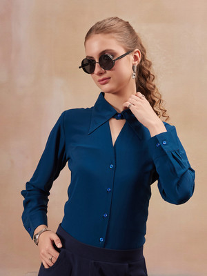 fithub Women Solid Formal Blue Shirt