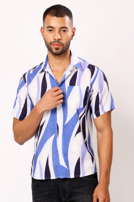 Jostory Men Printed Casual Blue, White Shirt