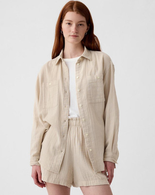 GAP Women Solid Casual Beige Shirt