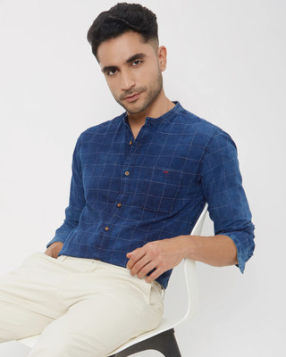 MUFTI Men Checkered Casual Dark Blue Shirt