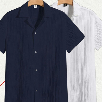 Jenil Fashion Men Self Design Casual Dark Blue, White Shirt(Pack of 2)