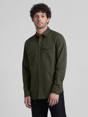 JACK & JONES Men Solid Casual Dark Green Shirt