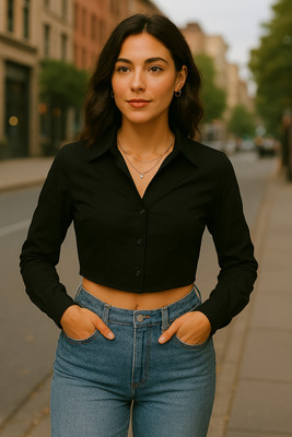KASHIAN Women Solid Casual Black Shirt