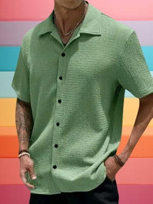 MUMIN Men Self Design Casual Green Shirt