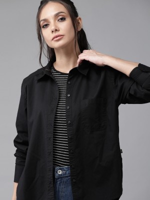 Fab Star Women Solid Casual Black Shirt