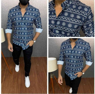 The style grove Men Printed Casual Dark Blue, White Shirt