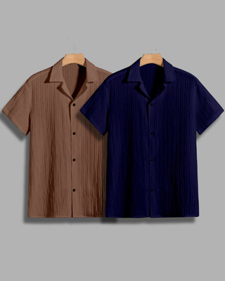 House of Vinay Men Self Design Casual Brown, Dark Blue Shirt(Pack of 2)