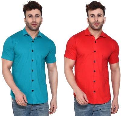 GEUM Men Solid Casual Red, Light Green Shirt(Pack of 2)