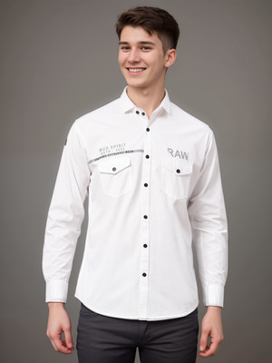 Masher Men Self Design Casual White Shirt