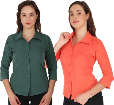 Hunoor Women Solid Casual Dark Green, Orange Shirt(Pack of 2)