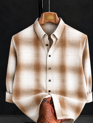 Solbiza Men Checkered Casual White, Brown Shirt