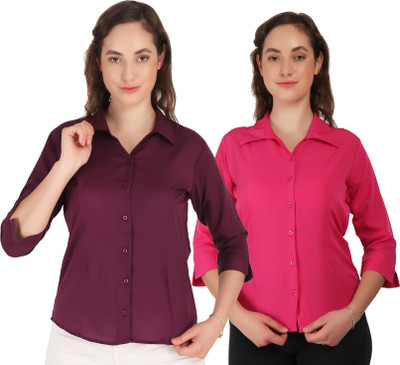 Giggles Women Solid Formal Maroon, Pink Shirt(Pack of 2)