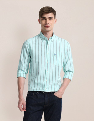 U.S. POLO ASSN. Men Striped Casual Green Shirt