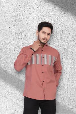 U AND J TREND Men Solid, Striped Casual Pink Shirt