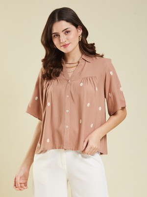 J TURRITOPSIS Casual Embroidered Women Beige Top