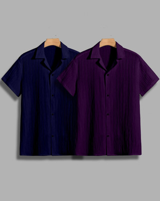 House of Vinay Men Self Design, Solid Casual Dark Blue, Purple Shirt(Pack of 2)