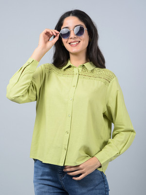 CRIMSOUNE CLUB Women Solid Casual Green Shirt